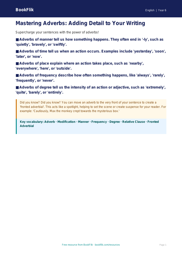 Free Adverbs Poster | Year 6 Core | BookFlik worksheet preview — English Adverbs