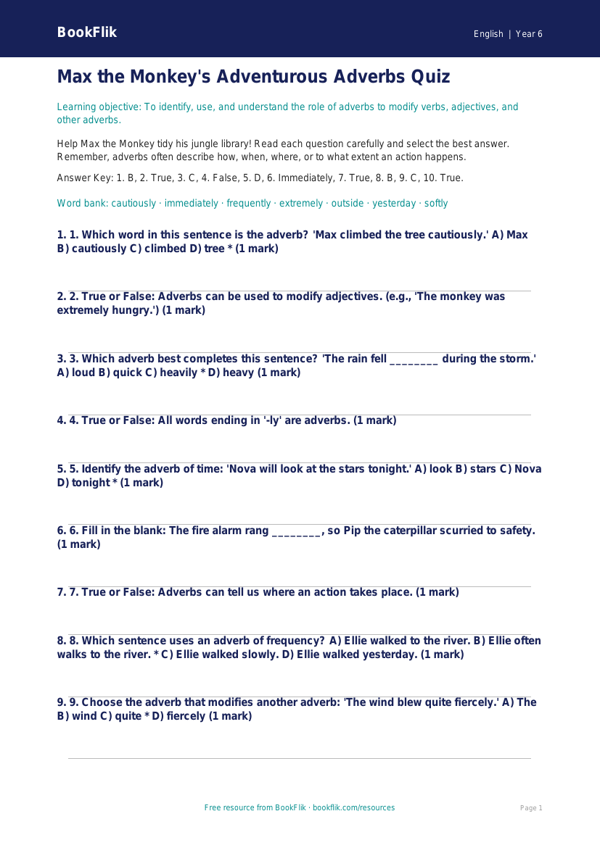 Free Adverbs Quiz | Year 6 Core | BookFlik worksheet preview — English Adverbs