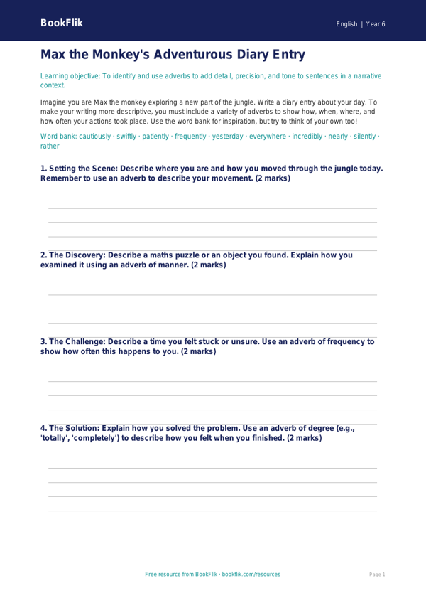 Free Adverbs Worksheet | Year 6 Grammar Practice | BookFlik worksheet preview — English Adverbs