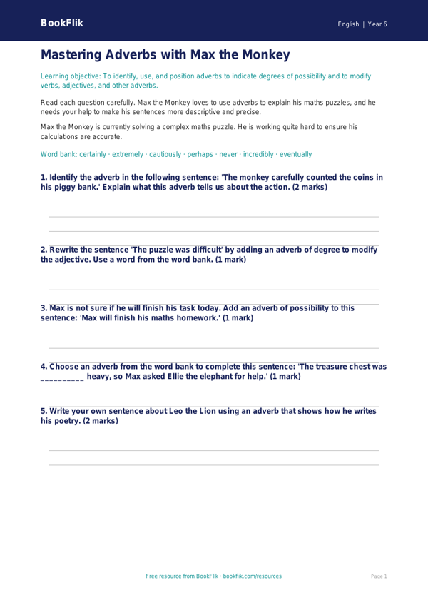 Free Adverbs Worksheet | Year 6 Core | BookFlik worksheet preview — English Adverbs