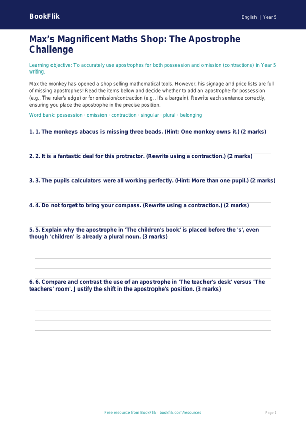 Free Apostrophes Activity Sheet | Year 5 Greater Depth | BookFlik worksheet preview — English Apostrophes