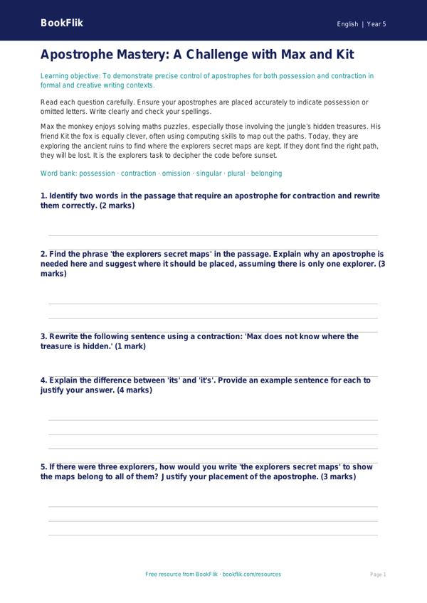 Free Apostrophes Assessment | Year 5 Greater Depth | BookFlik worksheet preview — English Apostrophes