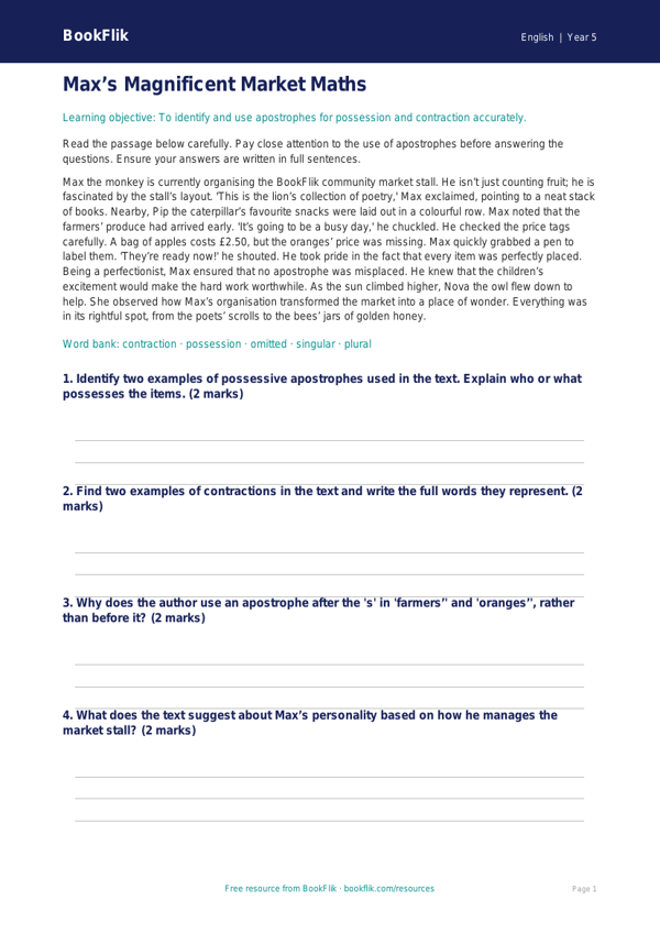 Free Apostrophes Comprehension | Year 5 Greater Depth | BookFlik worksheet preview — English Apostrophes