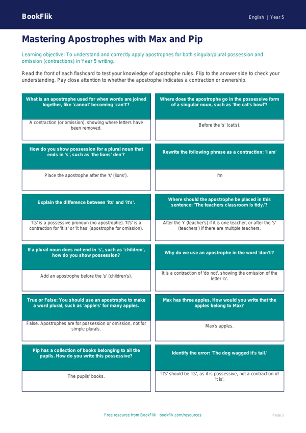 Free Apostrophes Flashcards | Year 5 Greater Depth | BookFlik worksheet preview — English Apostrophes