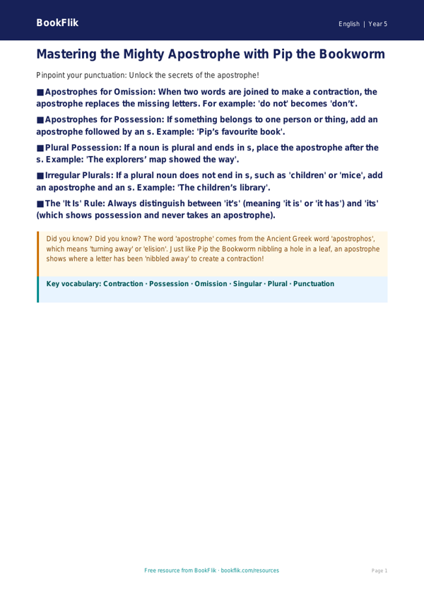 Free Apostrophes Poster | Year 5 Greater Depth | BookFlik worksheet preview — English Apostrophes