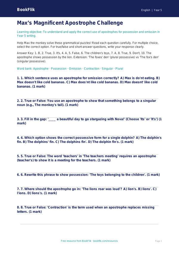 Free Apostrophes Quiz | Year 5 Greater Depth | BookFlik worksheet preview — English Apostrophes