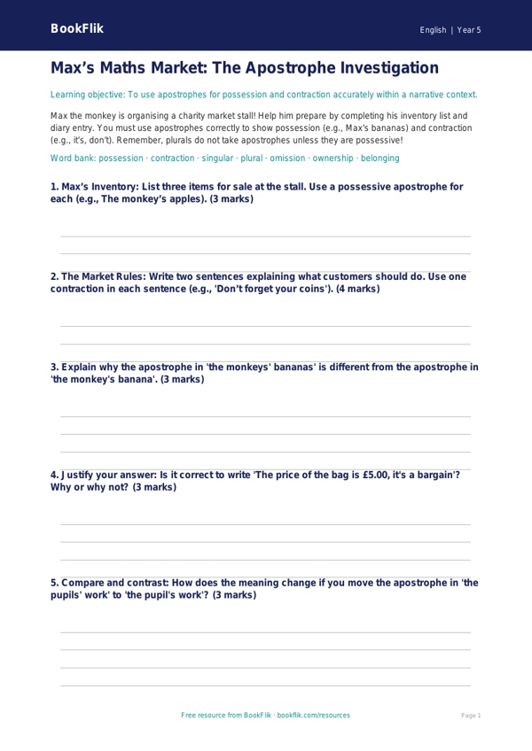 Free Apostrophes Template | Year 5 Greater Depth | BookFlik worksheet preview — English Apostrophes