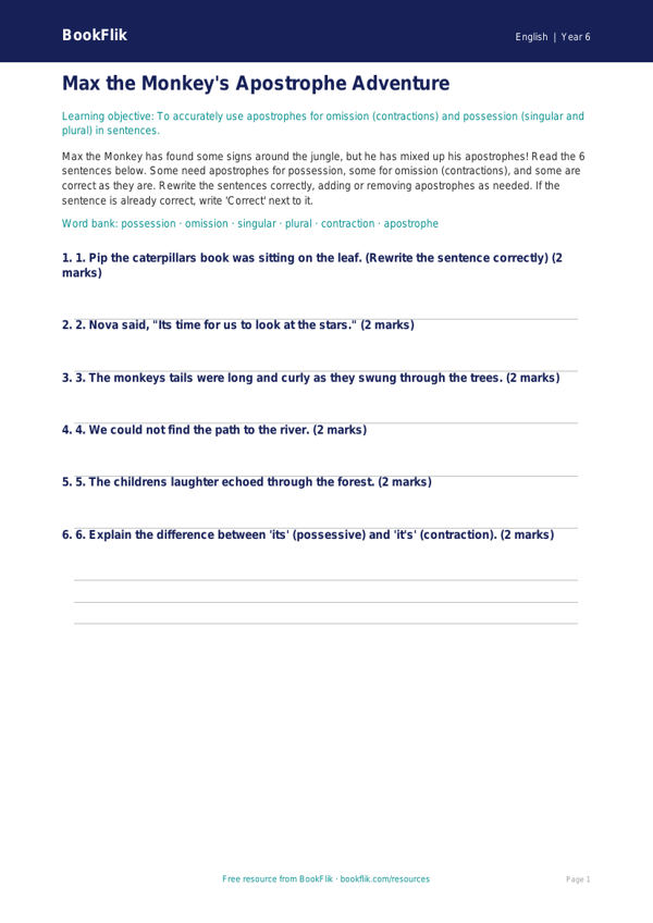 Free Apostrophes Activity Sheet | Year 6 Core | BookFlik worksheet preview — English Apostrophes