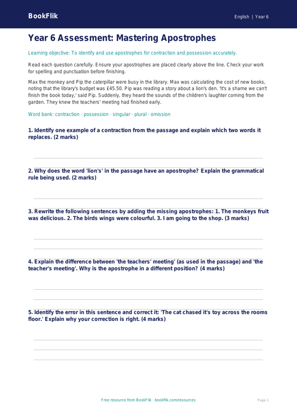 Free Apostrophes Assessment | Year 6 Core | BookFlik worksheet preview — English Apostrophes