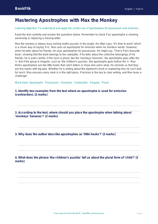 Free Apostrophes Comprehension | Year 6 Core | BookFlik worksheet preview — English Apostrophes