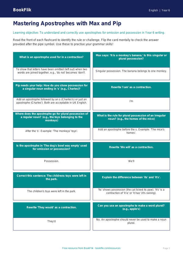 Free Apostrophes Flashcards | Year 6 Core | BookFlik worksheet preview — English Apostrophes