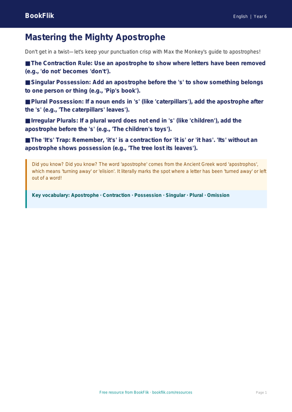 Free Apostrophes Poster | Year 6 Core | BookFlik worksheet preview — English Apostrophes