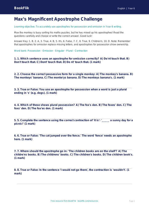 Free Apostrophes Quiz | Year 6 Core | BookFlik worksheet preview — English Apostrophes
