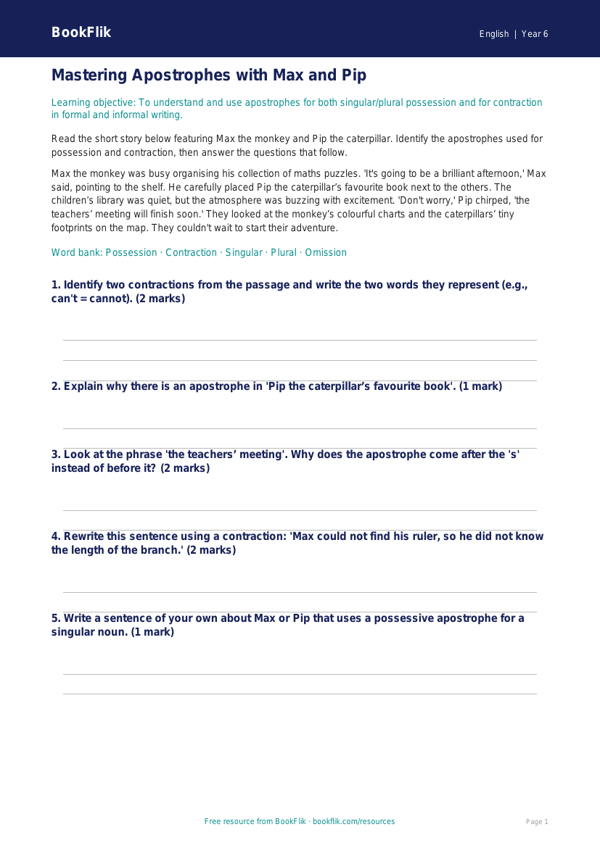 Free Apostrophes Practice Worksheet | Year 6 Grammar | BookFlik worksheet preview — English Apostrophes