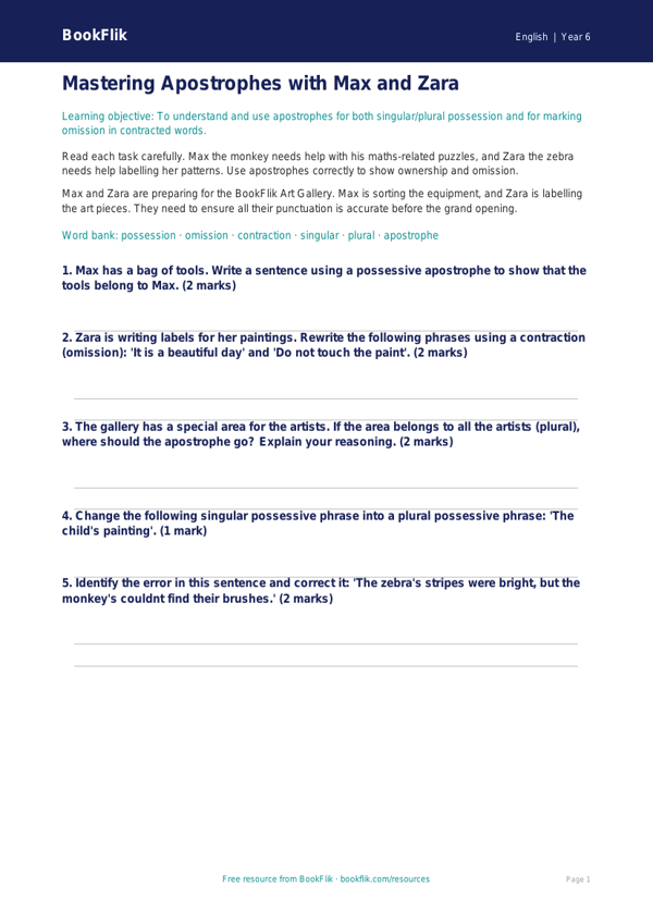 Free Apostrophes Worksheet | Year 6 Core | BookFlik worksheet preview — English Apostrophes
