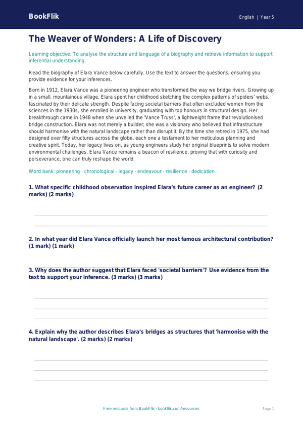 Free Biography Comprehension | Year 5 Greater Depth | BookFlik worksheet preview — English Biography