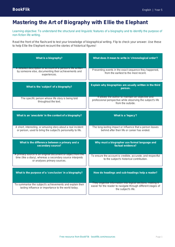 Free Biography Flashcards | Year 5 Greater Depth | BookFlik worksheet preview — English Biography