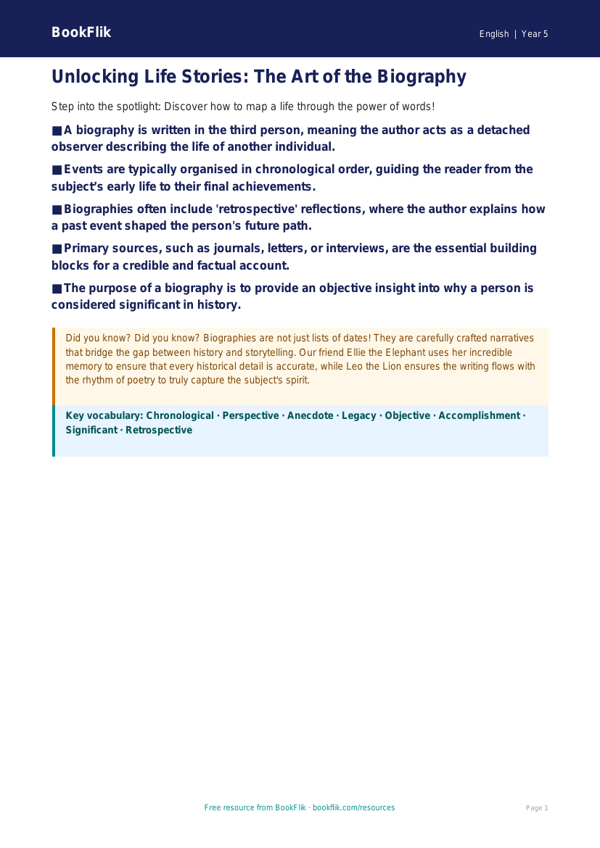 Free Biography Poster | Year 5 Greater Depth | BookFlik worksheet preview — English Biography