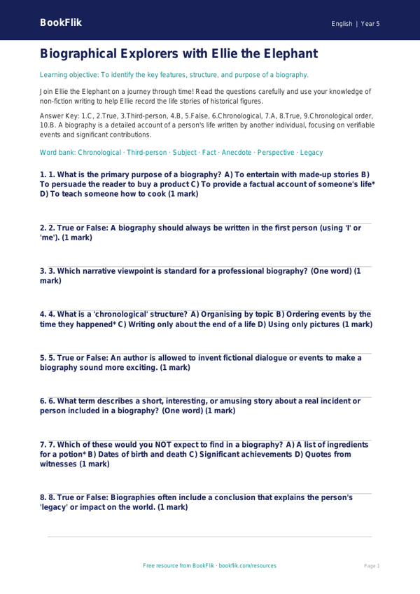 Free Biography Quiz | Year 5 Greater Depth | BookFlik worksheet preview — English Biography