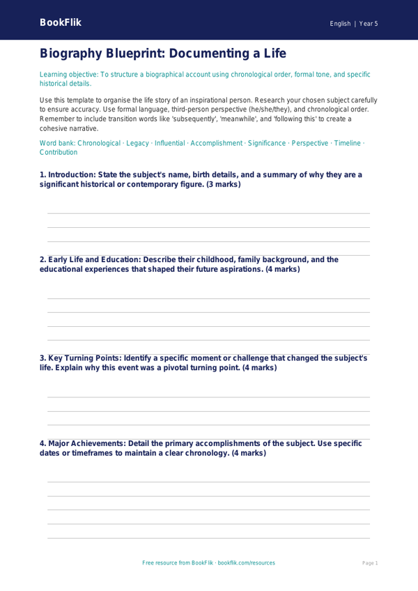 Free Biography Template | Year 5 Greater Depth | BookFlik worksheet preview — English Biography