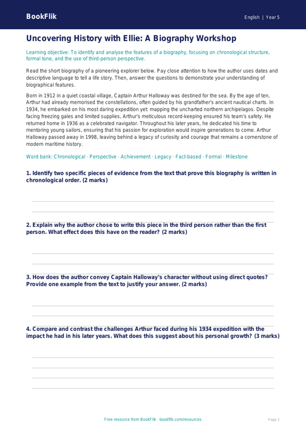 Free Biography Track Sheet | Year 5 Greater Depth | BookFlik worksheet preview — English Biography