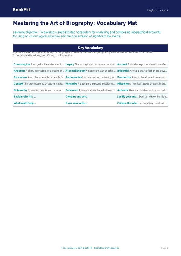 Free Biography Word Mat | Year 5 Greater Depth | BookFlik worksheet preview — English Biography