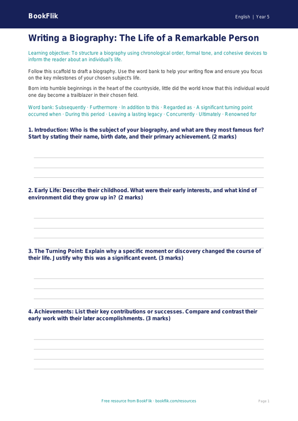 Free Biography Writing Frame | Year 5 Greater Depth | BookFlik worksheet preview — English Biography