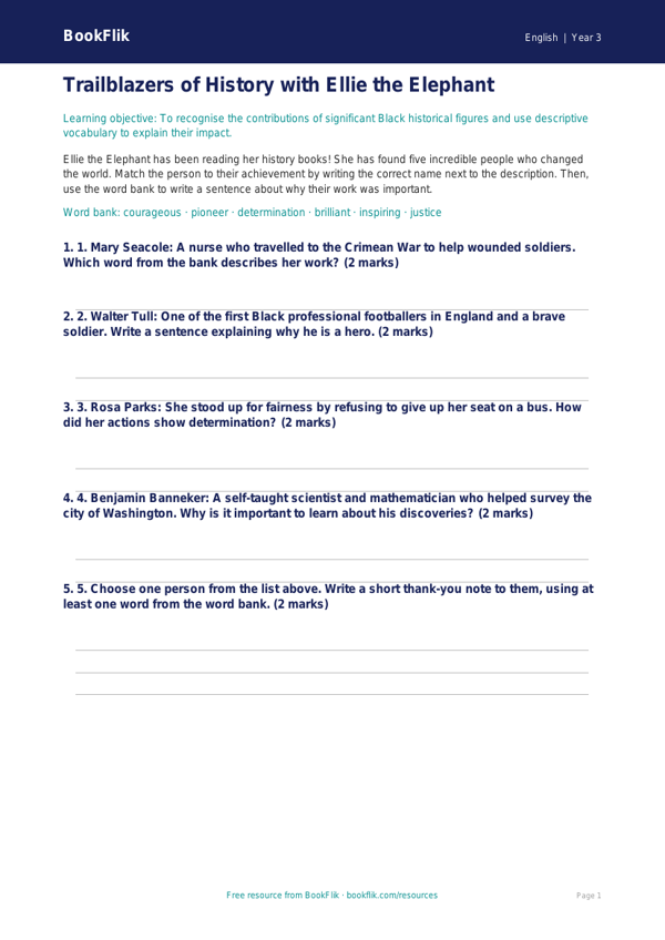 Free Black History Month Activity Sheet | Year 3 Core | BookFlik worksheet preview — English Black History Month