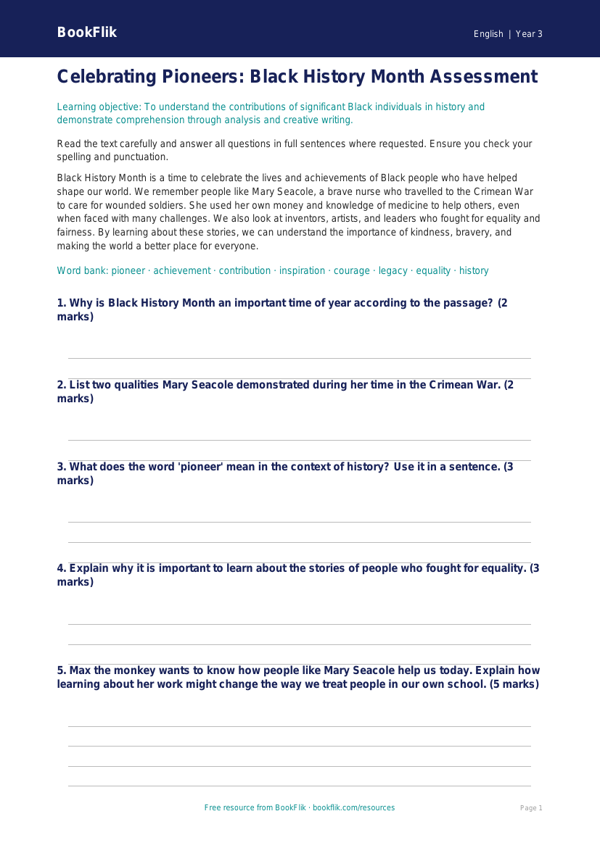 Free Black History Month Assessment | Year 3 Core | BookFlik worksheet preview — English Black History Month