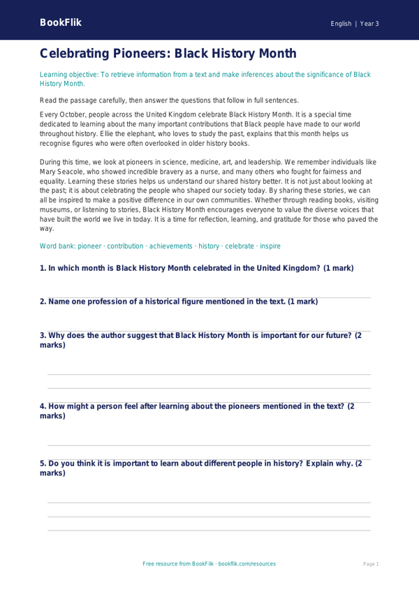 Free Black History Month Comprehension | Year 3 Core | BookFlik worksheet preview — English Black History Month