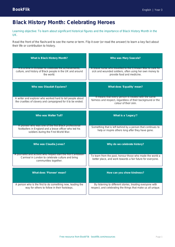 Free Black History Month Flashcards | Year 3 Core | BookFlik worksheet preview — English Black History Month
