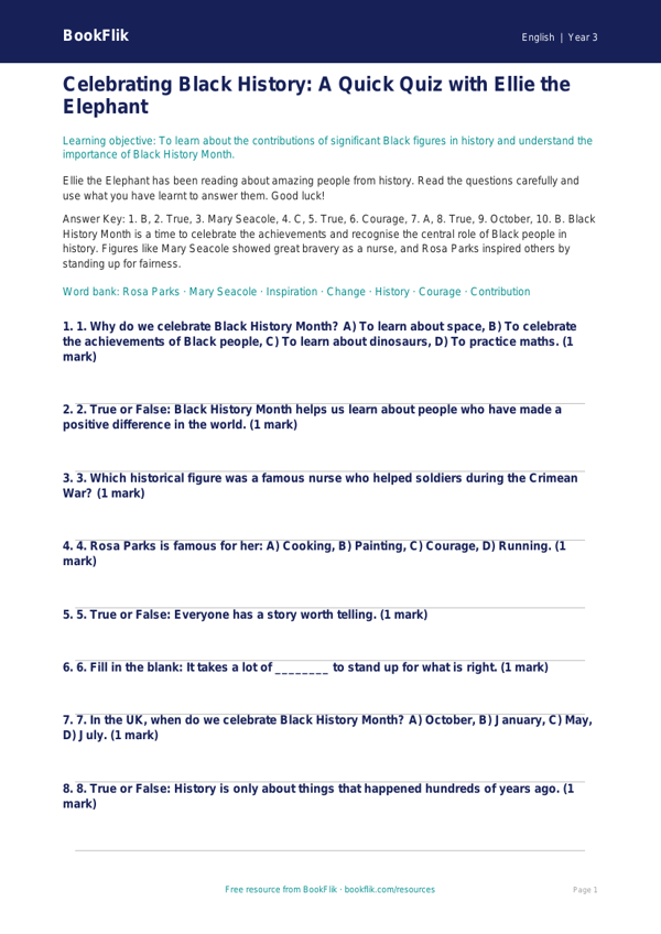 Free Black History Month Quiz | Year 3 Core | BookFlik worksheet preview — English Black History Month