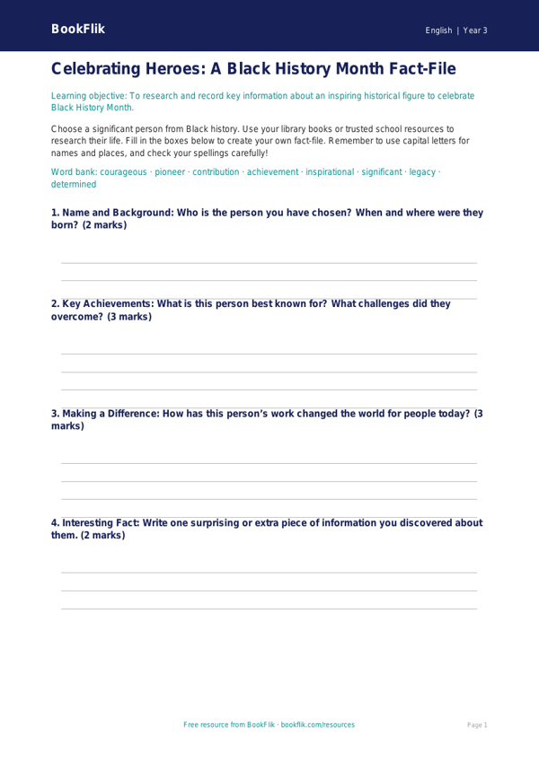 Free Black History Month Template | Year 3 Core | BookFlik worksheet preview — English Black History Month