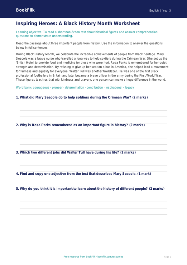 Free Black History Month Track Sheet | Year 3 Core | BookFlik worksheet preview — English Black History Month