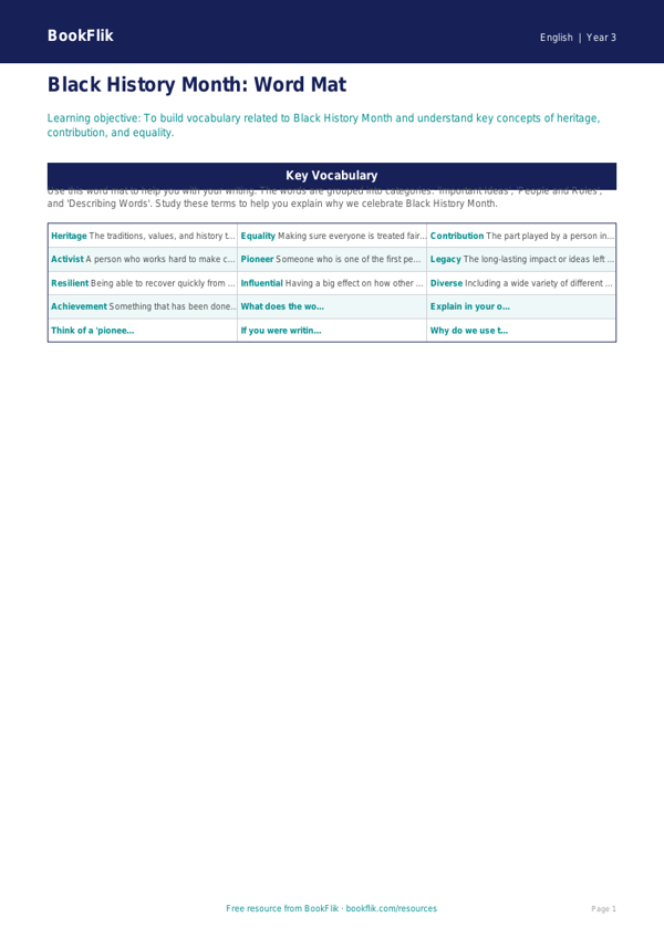 Free Black History Month Word Mat | Year 3 Core | BookFlik worksheet preview — English Black History Month