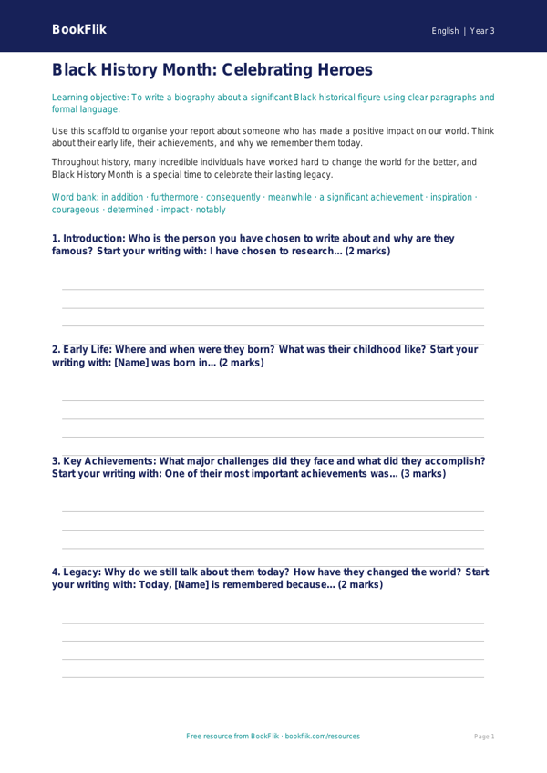 Free Black History Month Writing Frame | Year 3 Core | BookFlik worksheet preview — English Black History Month