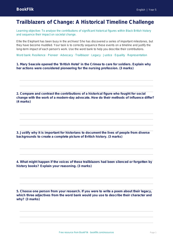 Free Black History Month Activity Sheet | Year 5 Greater Depth | BookFlik worksheet preview — English Black History Month