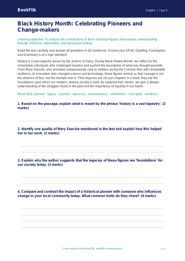 Free Black History Month Assessment | Year 5 Greater Depth | BookFlik worksheet preview — English Black History Month