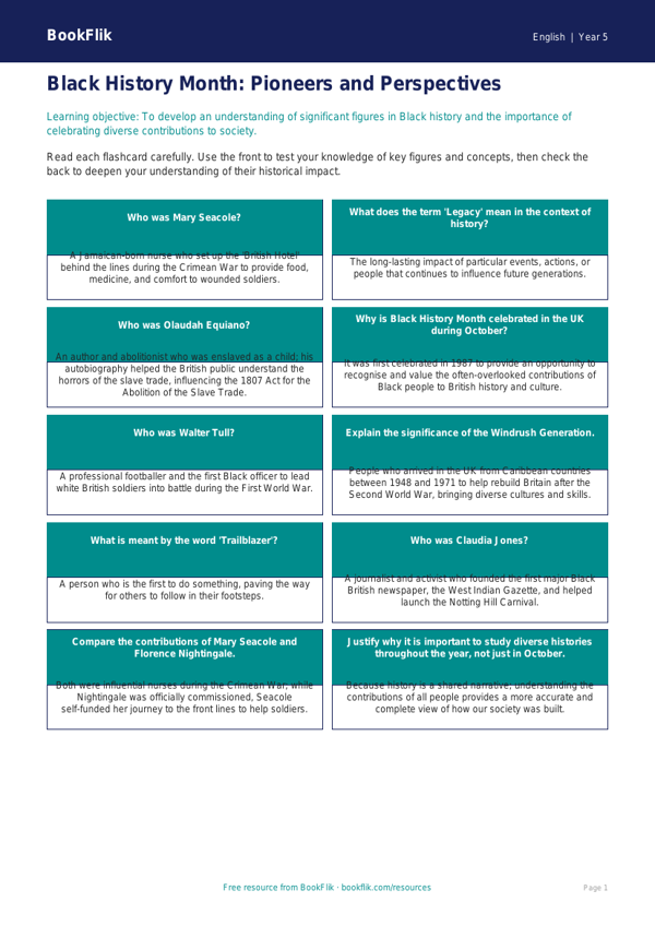 Free Black History Month Flashcards | Year 5 Greater Depth | BookFlik worksheet preview — English Black History Month