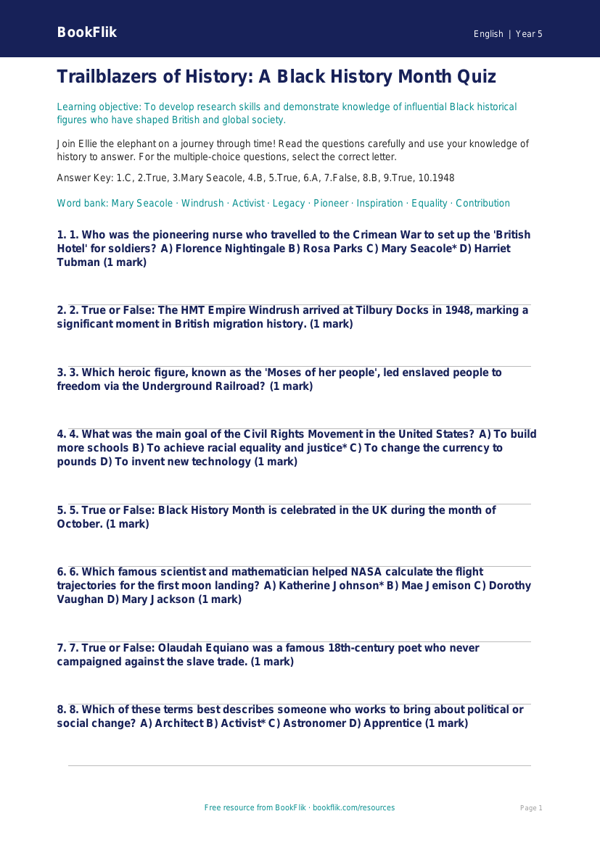 Free Black History Month Quiz | Year 5 Greater Depth | BookFlik worksheet preview — English Black History Month