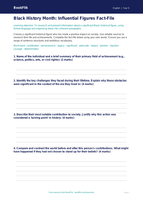 Free Black History Month Template | Year 5 Greater Depth | BookFlik worksheet preview — English Black History Month