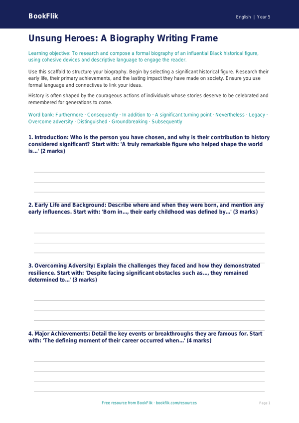 Free Black History Month Writing Frame | Year 5 Greater Depth | BookFlik worksheet preview — English Black History Month