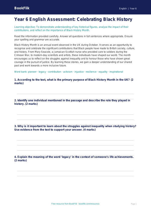 Free Black History Month Assessment | Year 6 Core | BookFlik worksheet preview — English Black History Month