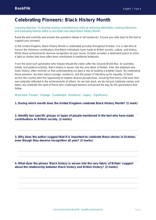 Free Black History Month Comprehension | Year 6 Core | BookFlik worksheet preview — English Black History Month