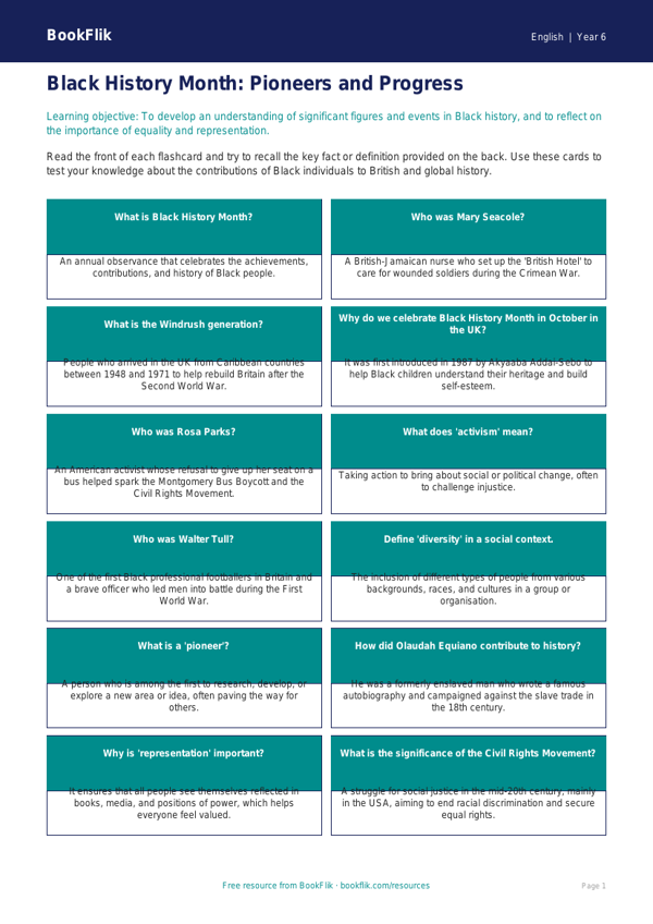 Free Black History Month Flashcards | Year 6 Core | BookFlik worksheet preview — English Black History Month