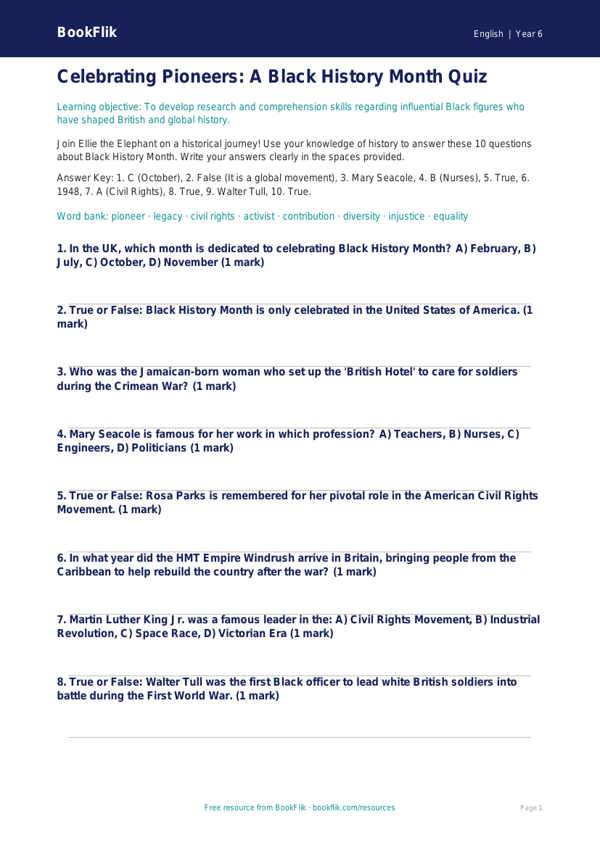 Free Black History Month Quiz | Year 6 Core | BookFlik worksheet preview — English Black History Month
