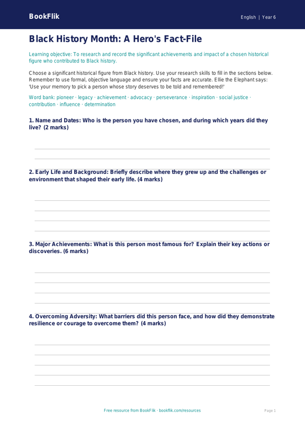Free Black History Month Template | Year 6 Core | BookFlik worksheet preview — English Black History Month
