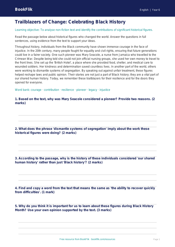 Free Black History Month Track Sheet | Year 6 Core | BookFlik worksheet preview — English Black History Month