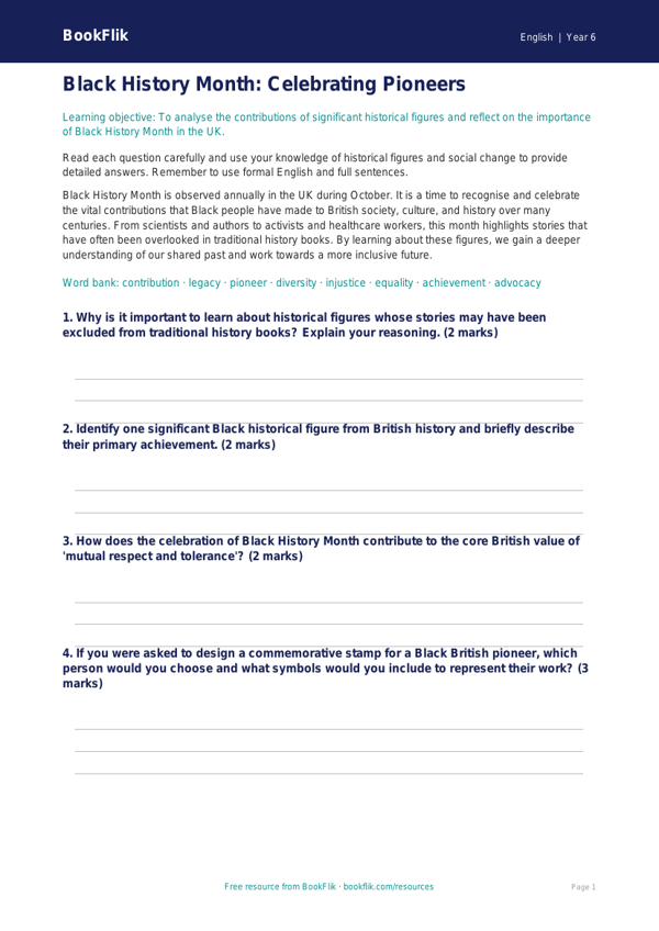 Free Black History Month Worksheet | Year 6 Core | BookFlik worksheet preview — English Black History Month