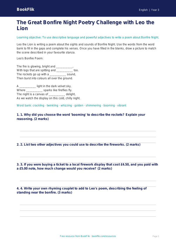 Free Bonfire Night Activity Sheet | Year 3 Core | BookFlik worksheet preview — English Bonfire Night
